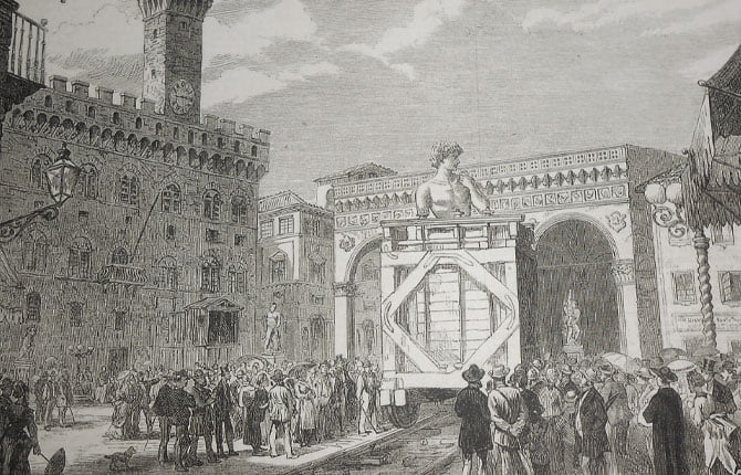 the david transportation from Opera del Duomo to piazza della signoria