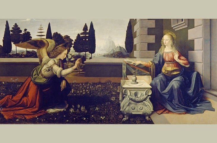 Annunciation - Painting by Andrea del Verrocchio and Leonardo da Vinci